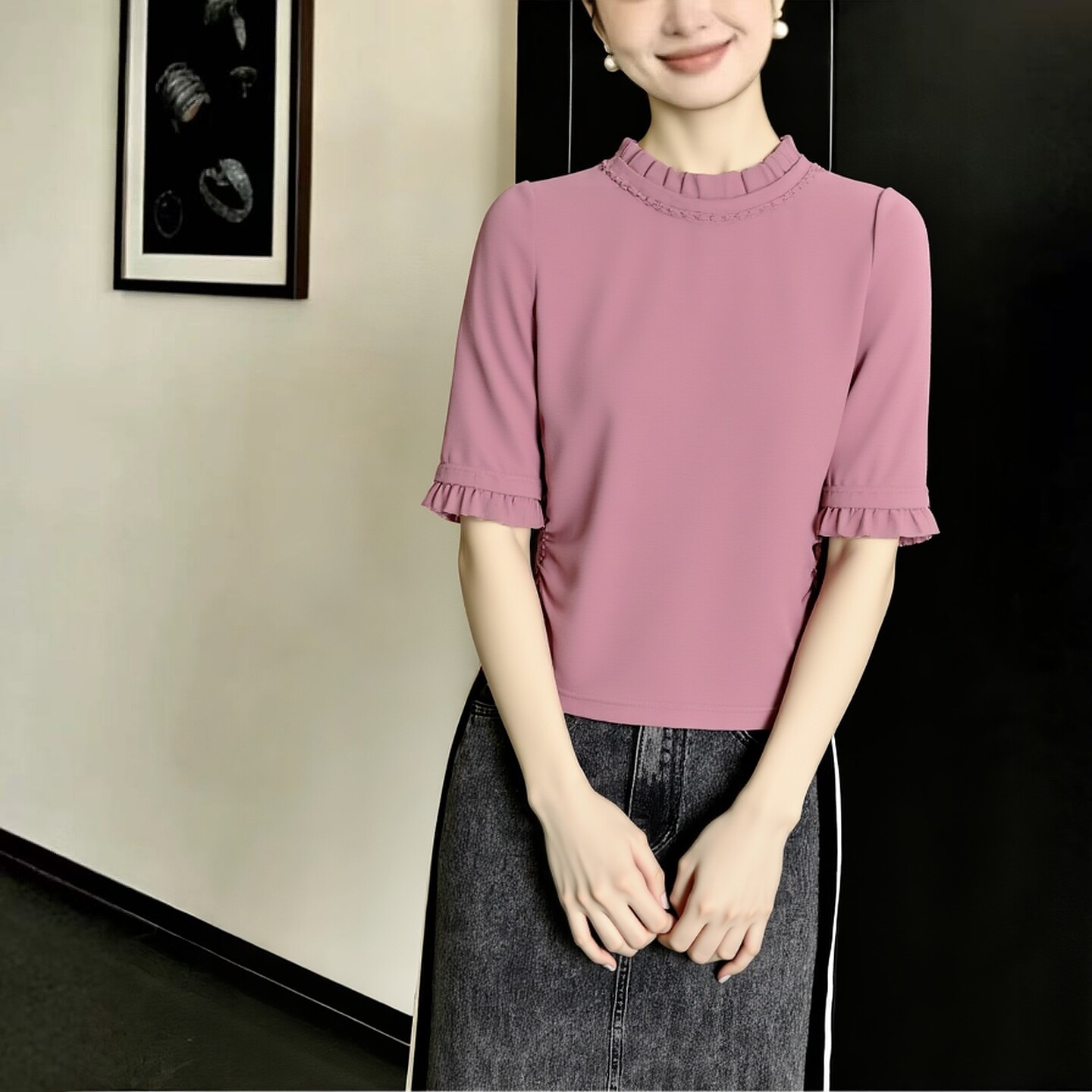 2026春魅M系列 衣佳人折扣女装 木耳边领 粉嫩 收腰 中袖上衣3065