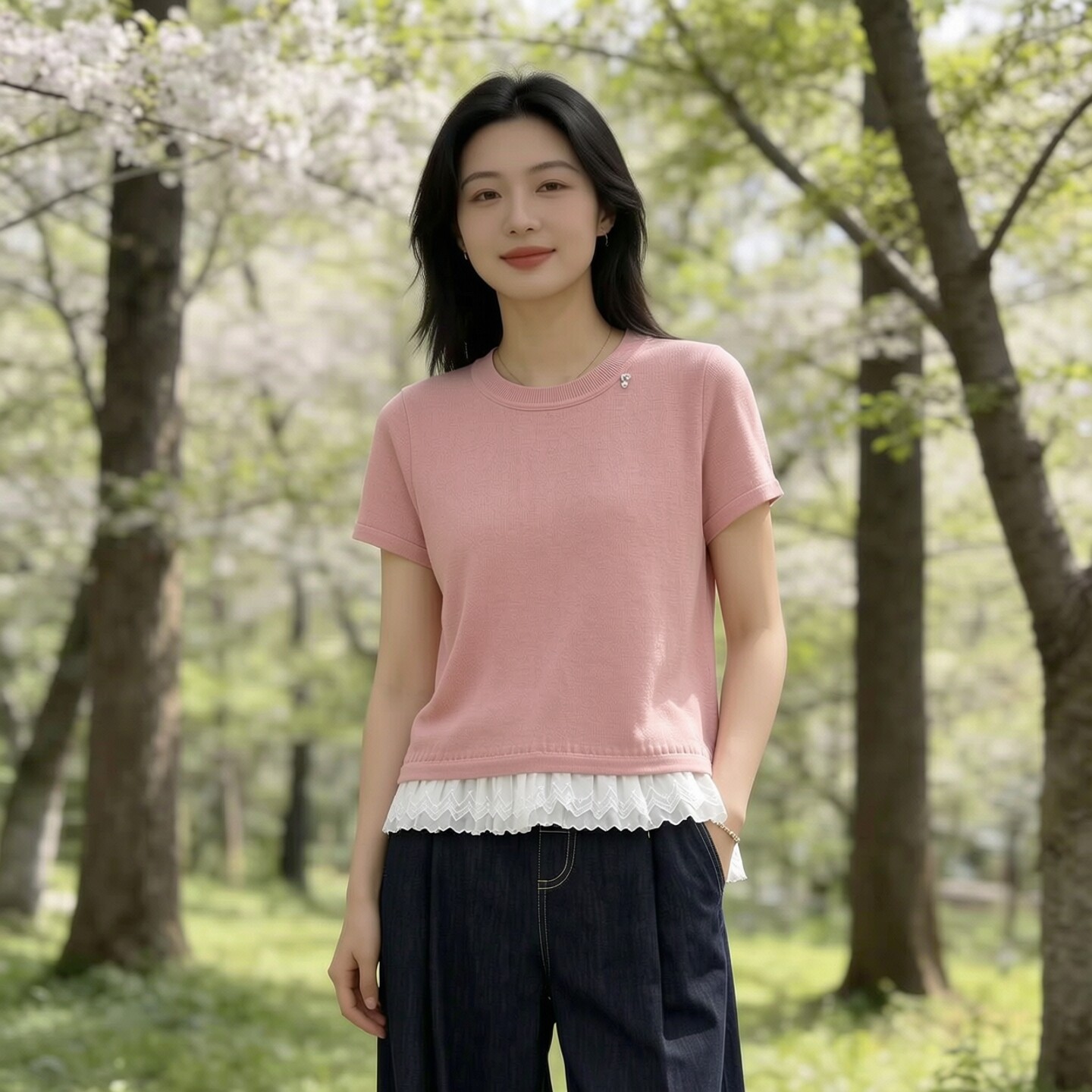 2026夏莱L系列1 衣佳人折扣女装 蕾丝下摆 粉嫩短袖针织衫上衣 32
