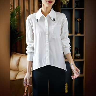 2025秋飘P系列1 衣佳人折扣女 娃娃领 不规则下摆 长袖衬衫 9222