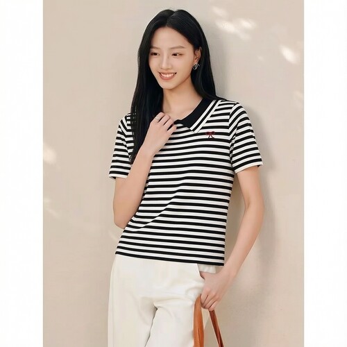 2026夏莱L系列 衣佳人折扣女装 翻领 条纹 文艺范 短袖针织衫11