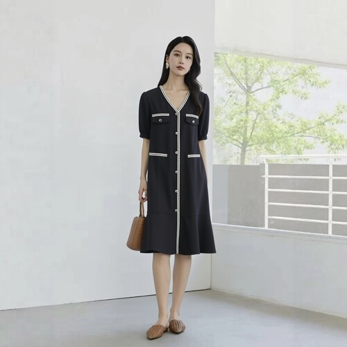 2026夏H海系列1 衣佳人折扣女装 V字领 小香风 短袖连衣裙  127