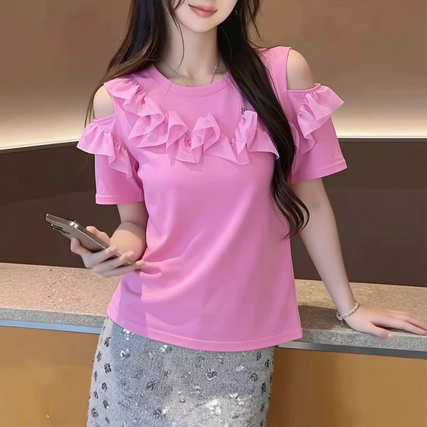 2026夏魅M系列 衣佳人折扣女装 木耳边 单露肩 甜美T恤上衣 2025