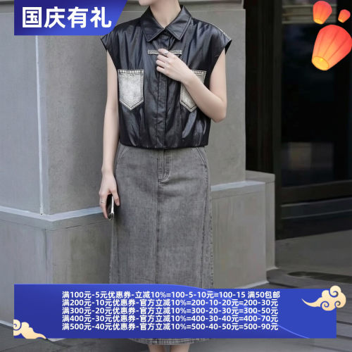 2026秋魅M系列 衣佳人折扣大码女装 盘扣 牛仔拼接皮 马甲 3289