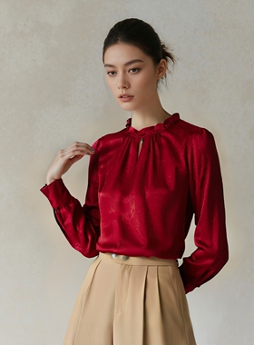 2025秋魅M系列1 衣佳人折扣大码女装  木耳边领 缎面雪纺衫 3602