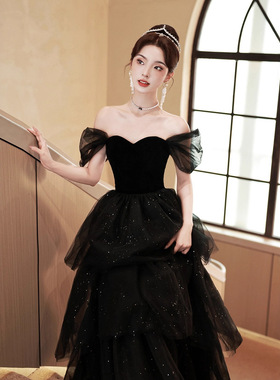 一字肩黑色晚礼服裙2026新款法式轻奢小众高端主持人高级感成人礼