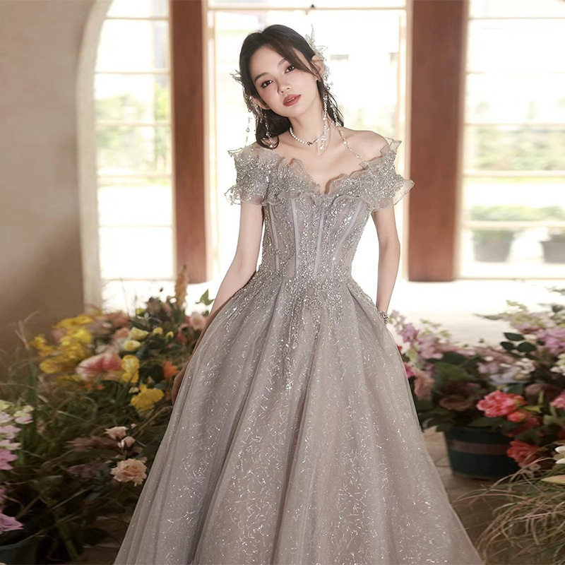 晚礼服女重工2026新款法式一字肩气质名媛公主风生日成人礼连衣裙