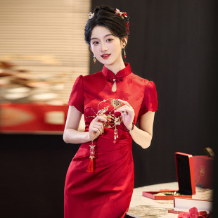 红色敬酒服旗袍女新中式 改良订婚礼服礼裙敬酒服新娘出阁宴服 夏季