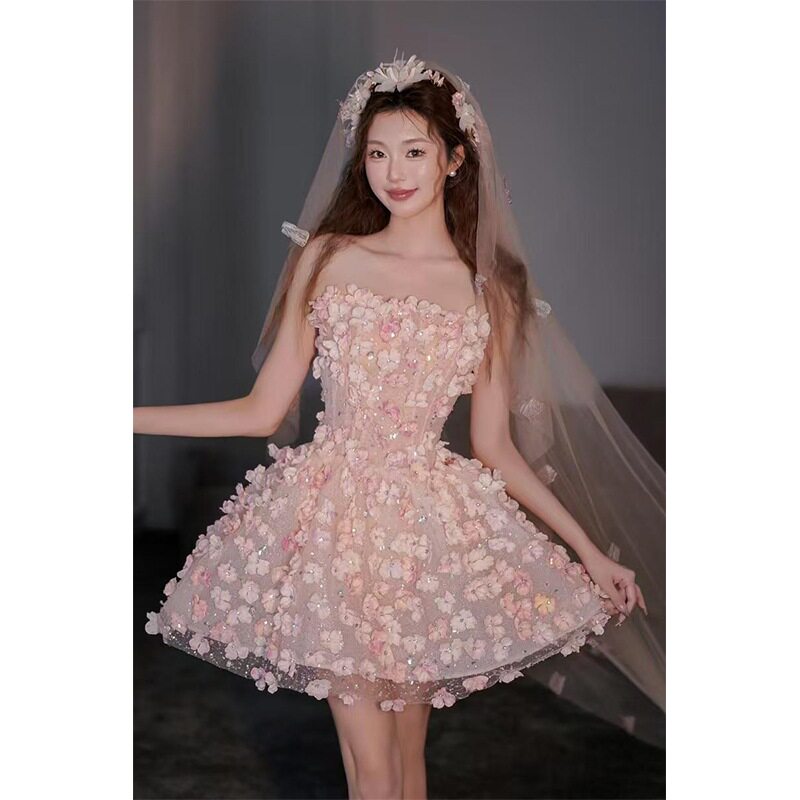 抹胸晨袍新娘订婚礼裙粉色花朵甜美学生成人礼公主裙小个子晚礼服