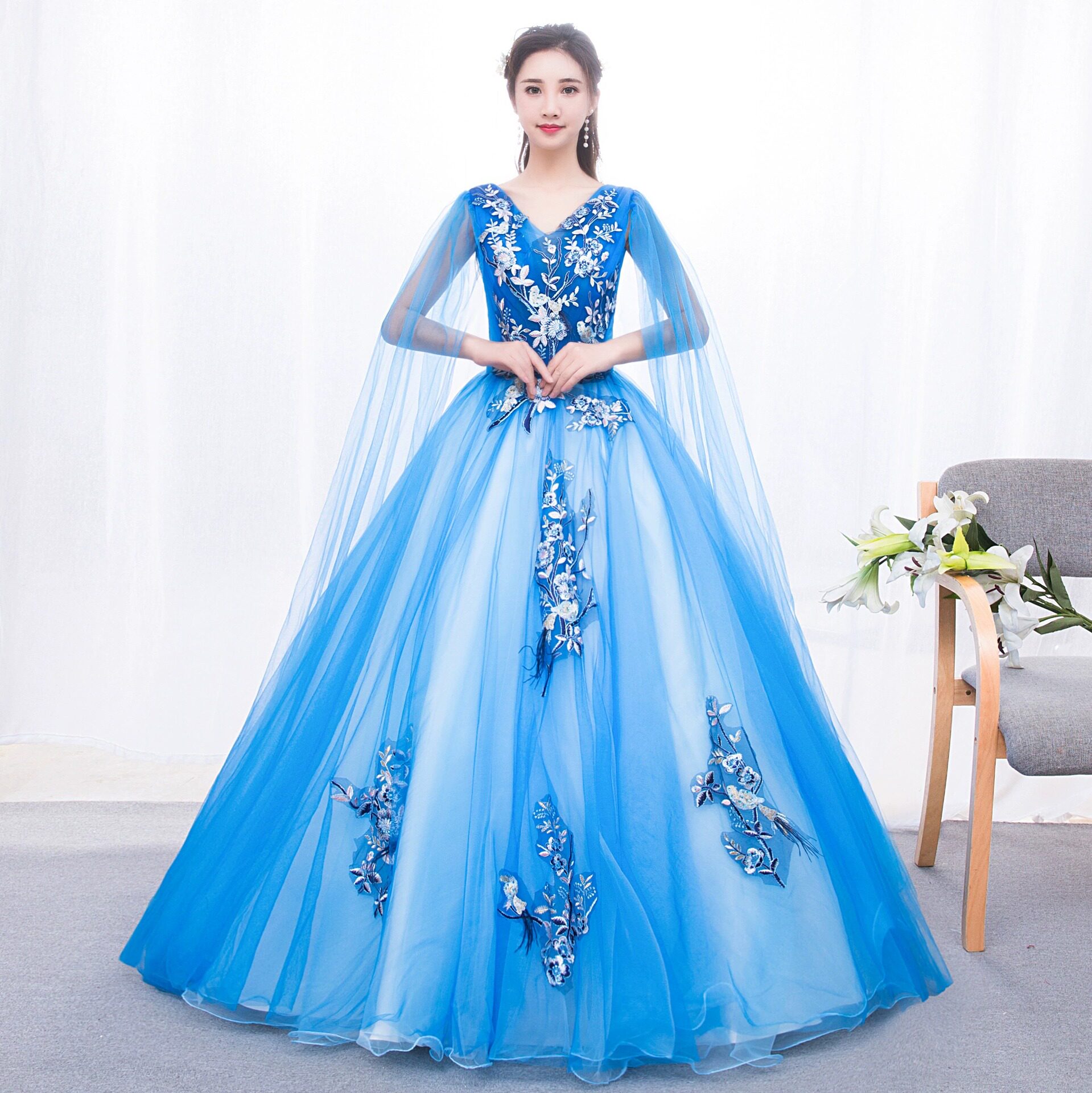 新款独唱美声晚礼服女长款优雅影楼彩纱年会演出服宴会蓬蓬裙显瘦