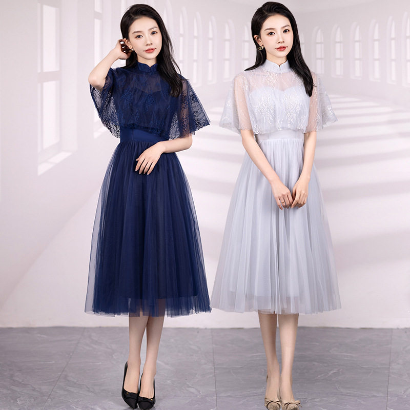 时尚舒适伴娘服2025新款灰色网纱仙气中长款修身名媛毕业晚会礼服