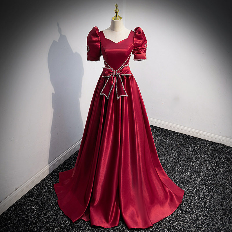 高档红色礼服敬酒服新娘法式公主裙蝴蝶结结婚缎面高级感晚礼服女