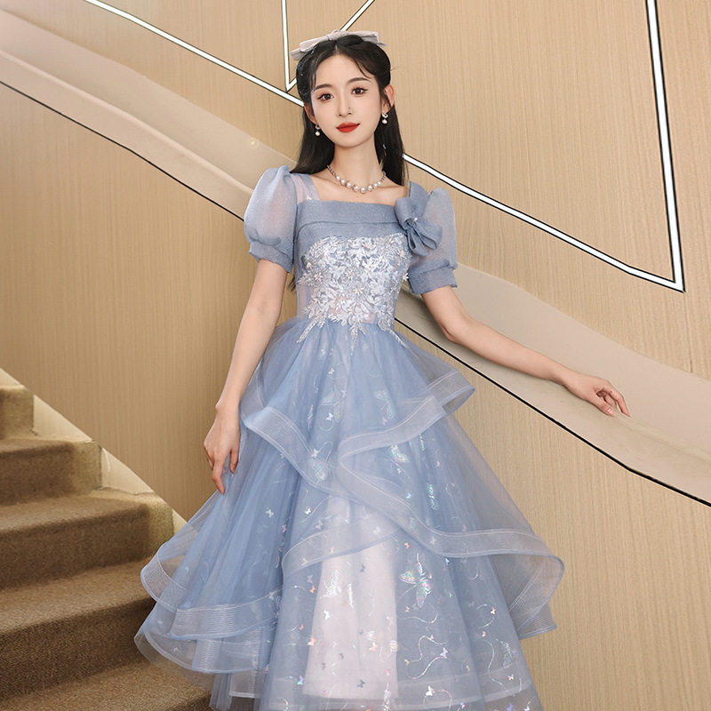 蓝色小晚礼服2026新款夏季宴会法式轻奢小众主持人蓬蓬裙晚礼服女