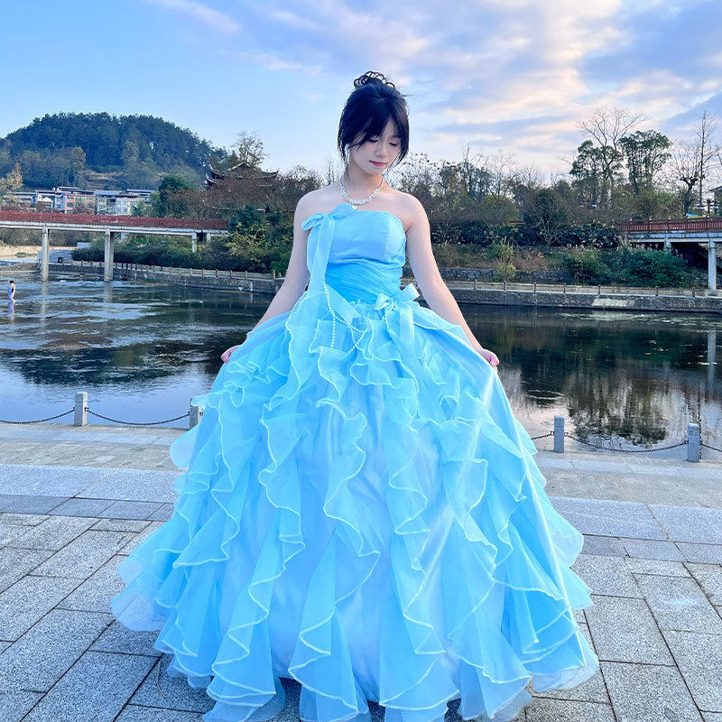 天蓝色晚礼服2026新款高级感重要场合漂亮成人礼主持人公主蓬蓬裙