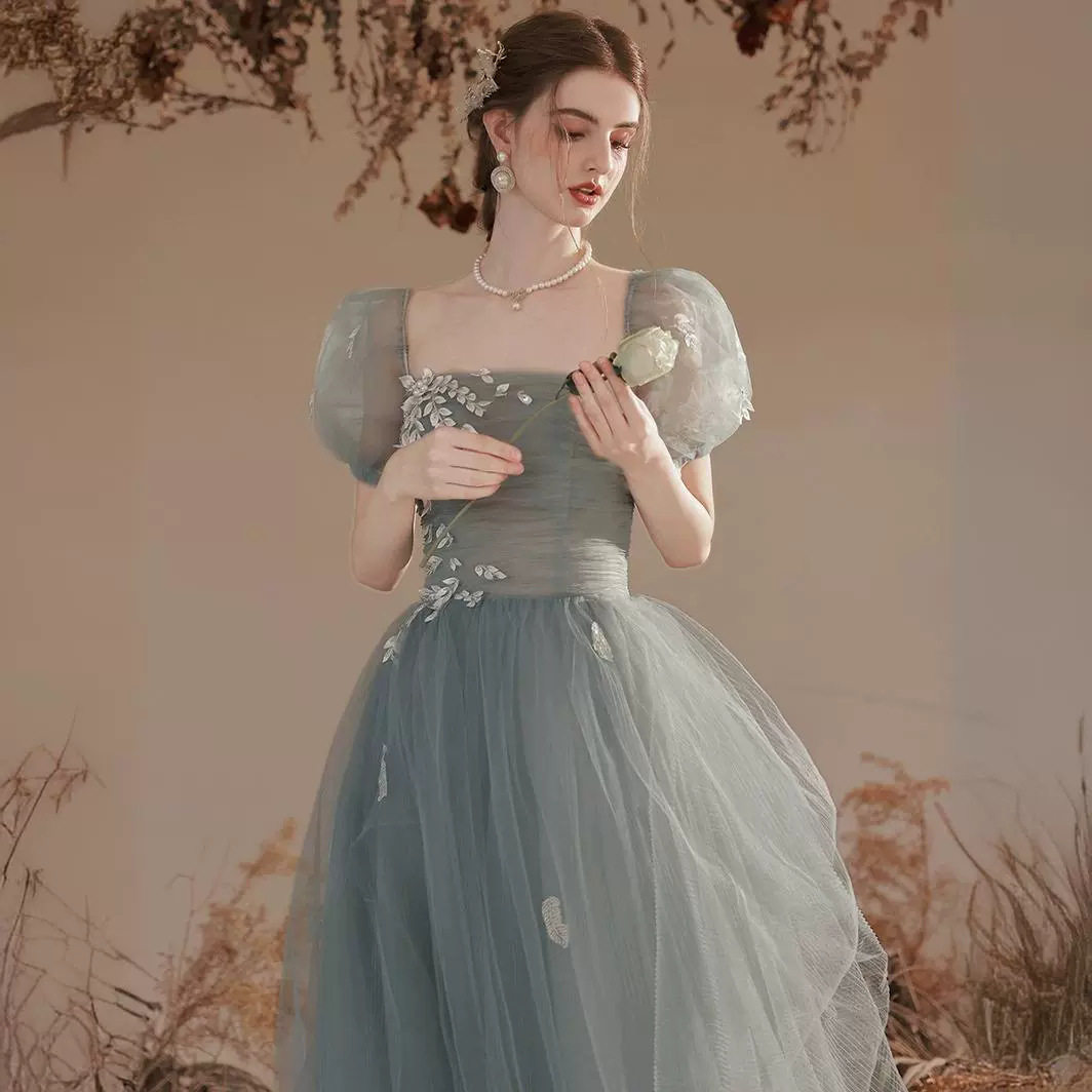 晚礼服2026新款结婚敬酒服仙气梦幻绿色泡泡袖蓬蓬裙宴会年会艺考