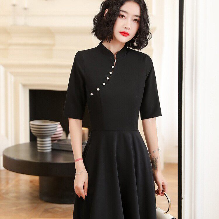 黑色旗袍晚礼服裙女2025新款宴会气质平时可穿指挥演出主持人长款