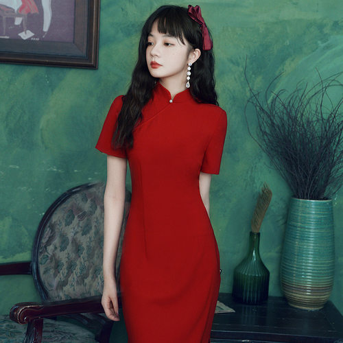 中式旗袍敬酒服新娘女复古气质改良订婚结婚礼服长款红色日常春季