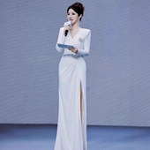 欧美风白色晚礼服裙女高级感宴会气质显瘦主持人气质名媛订婚礼裙