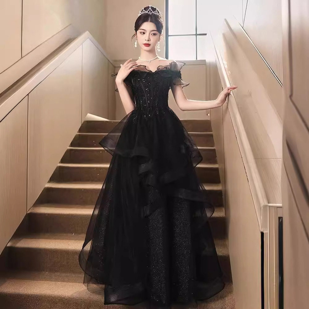 黑色宴会晚礼服2026新款高级感轻奢一字肩成人礼艺考钢琴演奏长裙