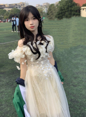 一字肩晚礼服女香槟色学生日成人礼高端公主裙艺考声乐年会主持人