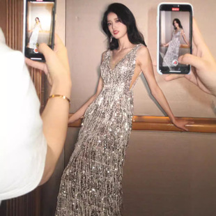 晚礼服宴会女亮片流苏年会礼服2026轻奢小众法式 敬酒服新娘晨袍