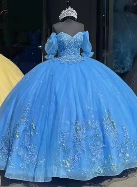 时尚美声乐艺考演出礼服女蓝色抹胸立体花朵钻饰高级感独唱蓬蓬裙