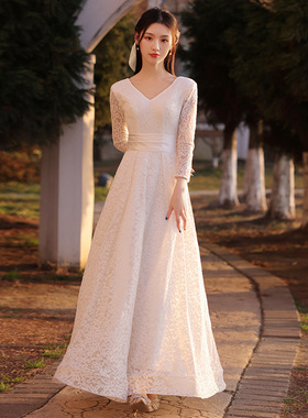 法式轻婚纱日常可穿2025新款森系超仙简约V领小个子蕾丝袖晚礼服