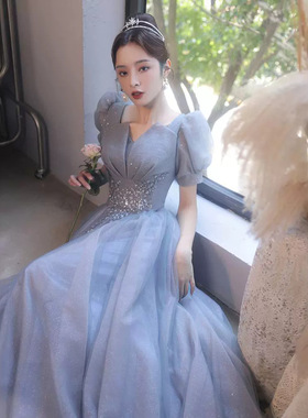 蓝色年会晚礼服女2026新款宴会仙气声乐艺考主持人礼服裙优雅春季