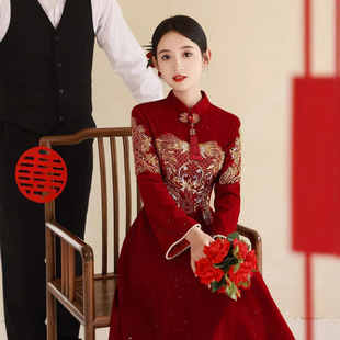 旗袍敬酒服中式婚礼新娘便装回门订婚红色结婚礼服女长袖酒红色春
