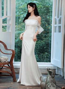 白色鱼尾晚礼服2026新款长款性感连衣裙时尚大气质拖尾宴会晚礼服