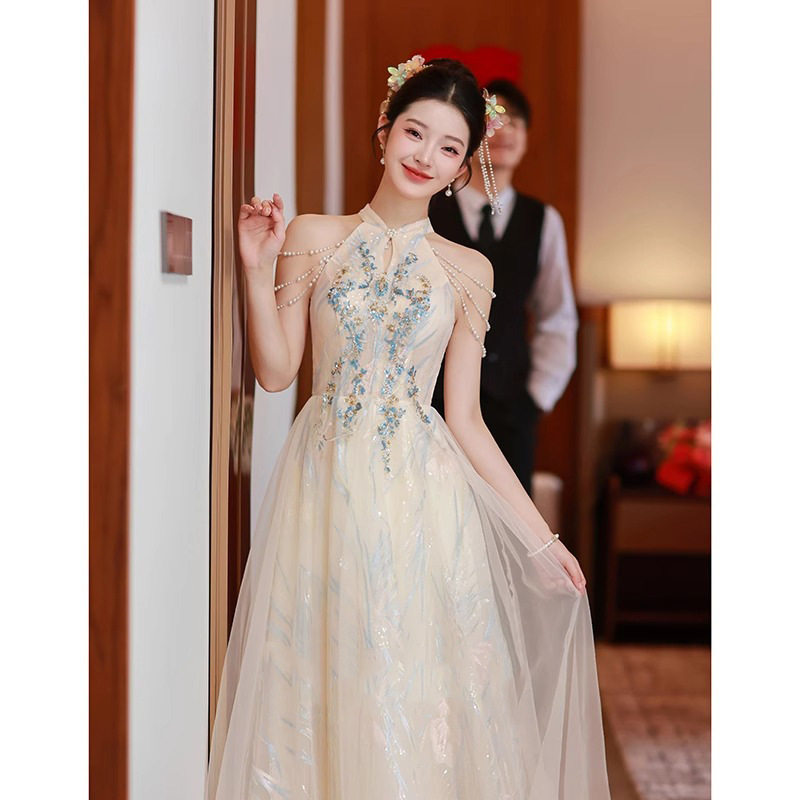 晨袍旗袍敬酒服新娘2026新款订婚结婚主持人礼服裙女高级感香槟色