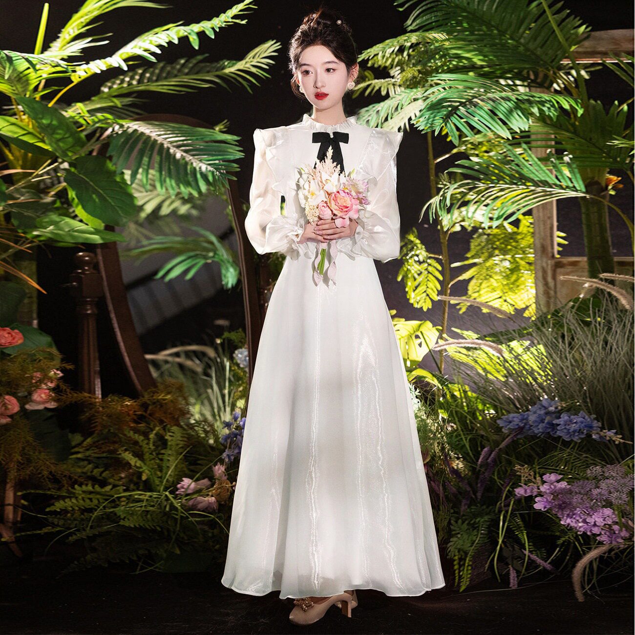 优雅白色长袖晚礼服女蝴蝶结领学生成人礼小个子宴会气质演出服