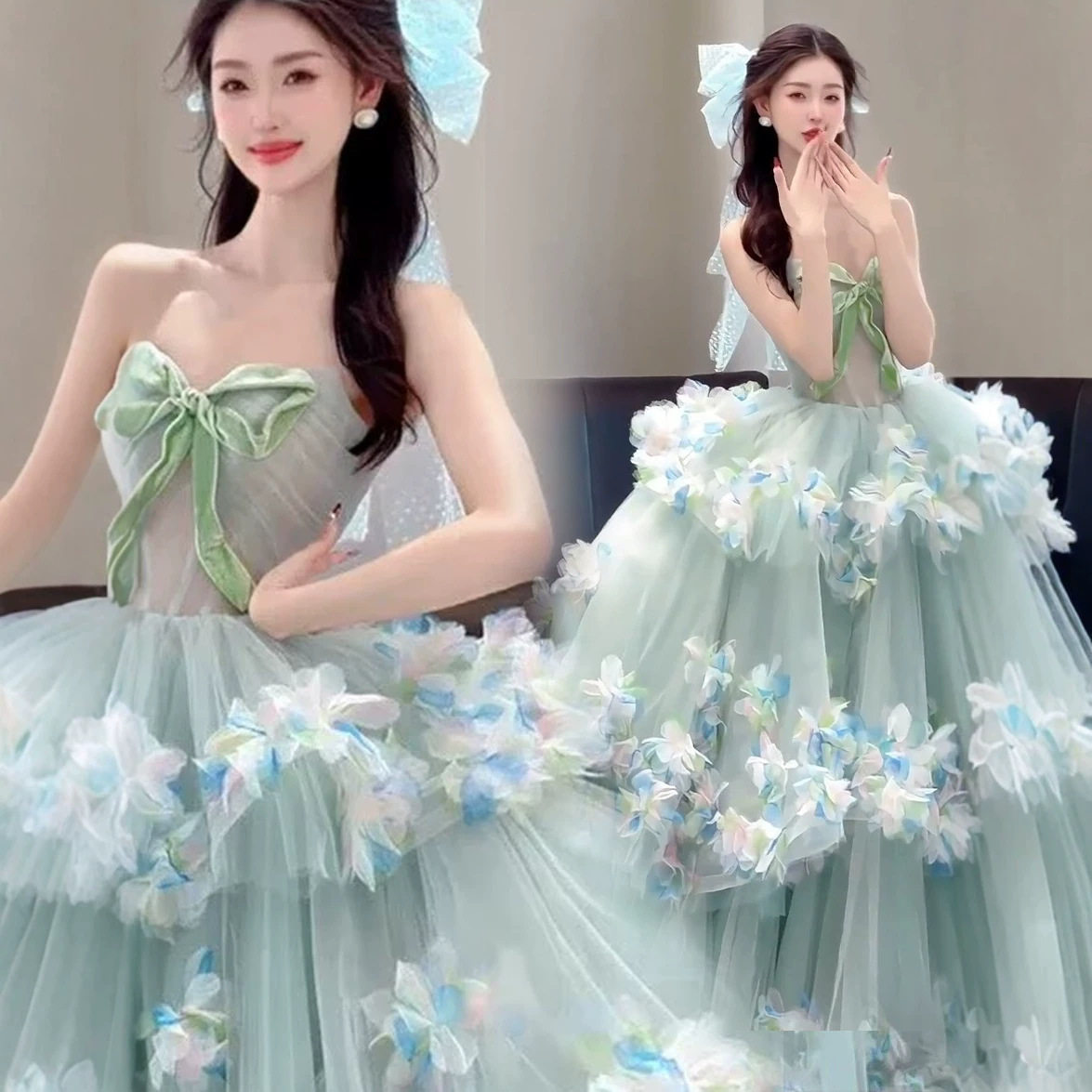 2026清新淡雅绿色浪漫花朵晚宴年会演出主持人成人礼婚纱晚礼服