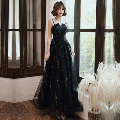 晚礼服2025新款黑色长款吊带晚礼服露背礼服裙主持人吊带晚礼服