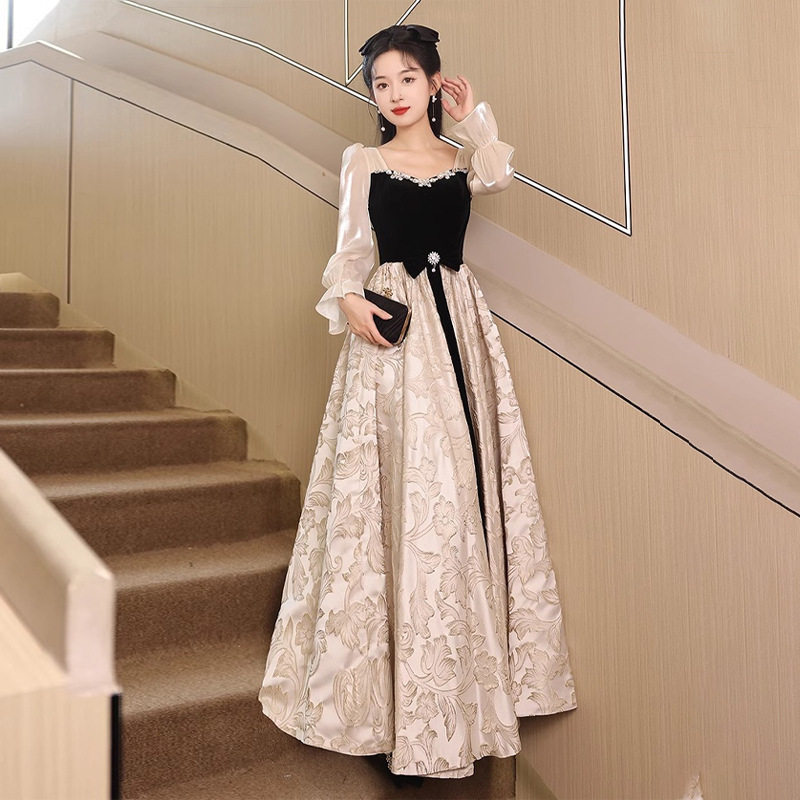 长袖晚礼服女2026新款宴会名媛气质学生艺考礼服裙年会主持人礼服