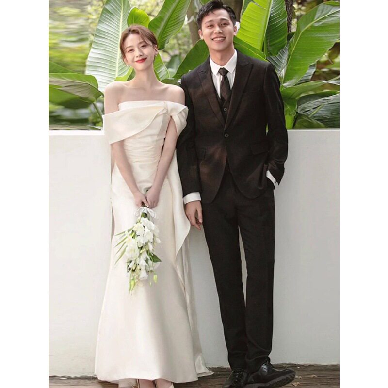 法式轻婚纱缎面简约一字肩超仙旅拍森系新娘迎宾出门纱敬酒礼服女