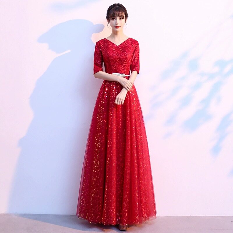 酒红色大合唱演出服女长裙2026新款主持人年会艺考长款敬酒服新娘