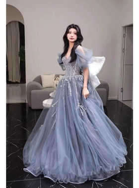 蓝色晚礼服2026新款高级感宴会气质主持人礼服女成人礼在逃公主裙