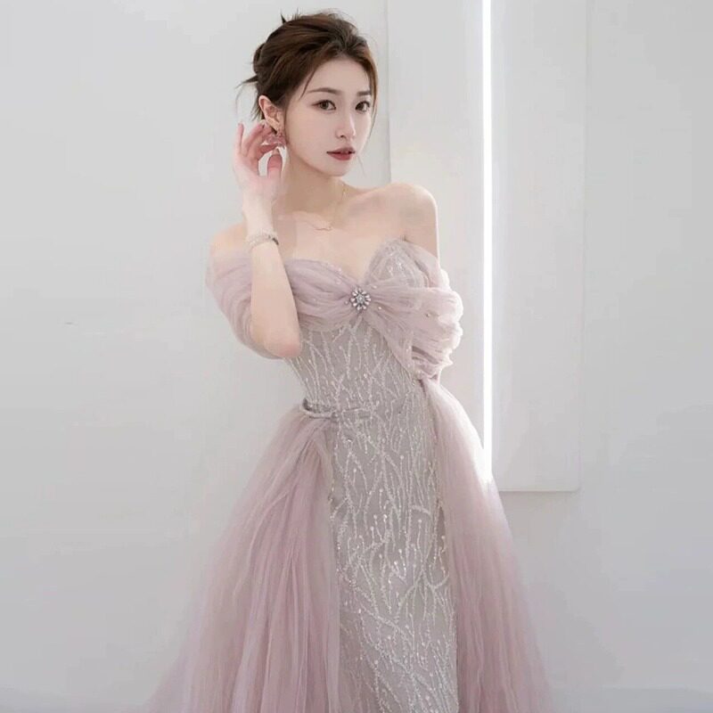 订婚礼服平时可穿春季结婚敬酒服新娘小个子法式晚礼服高端一字肩