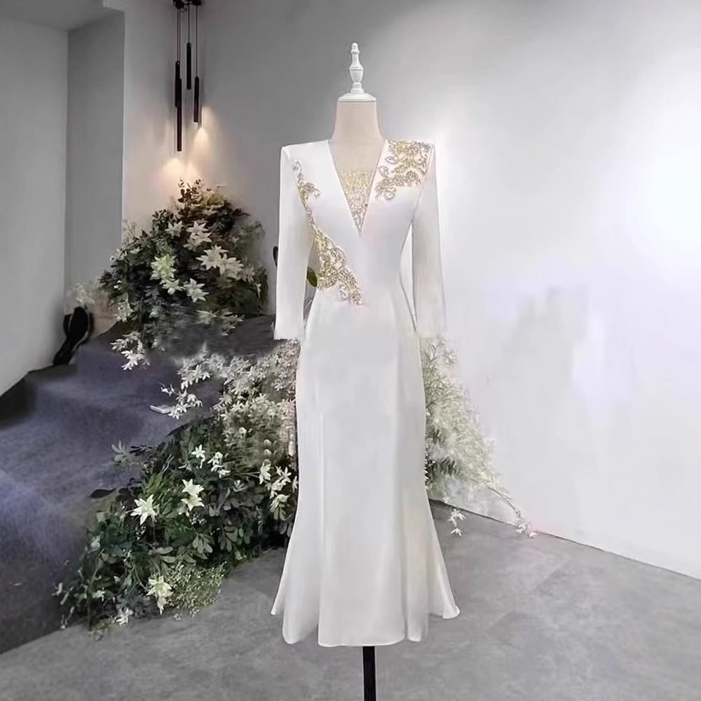 白色主持人晚礼服端庄大气声乐艺考独唱演出服女歌手高端轻奢小众
