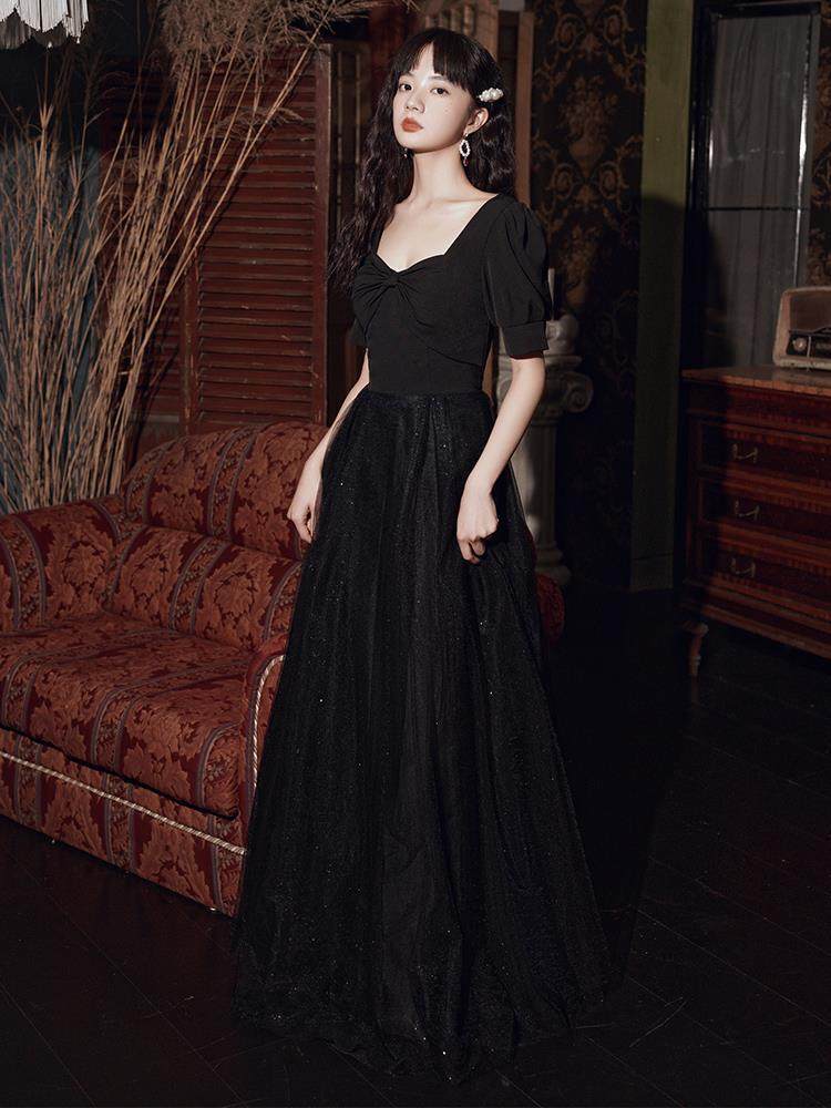 黑色晚礼服裙女高级感成人礼高端轻奢小众法式主持人艺考大气长款