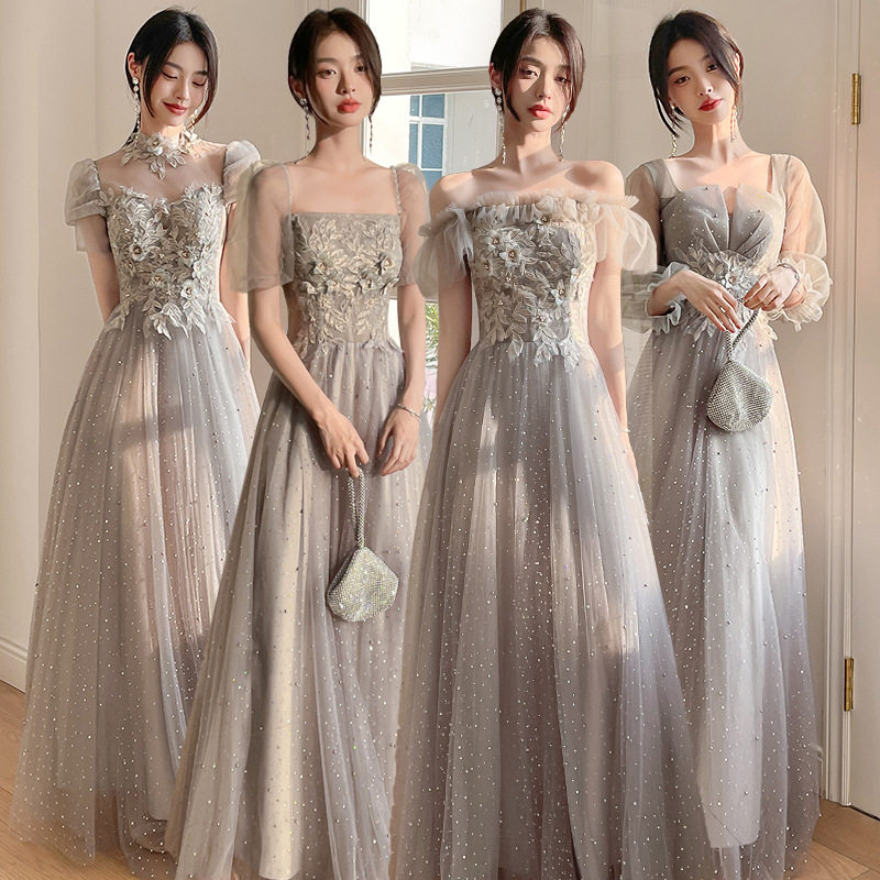 灰色伴娘服2026新款时尚婚礼秋季姐妹团礼服女仙气显瘦长款伴娘服