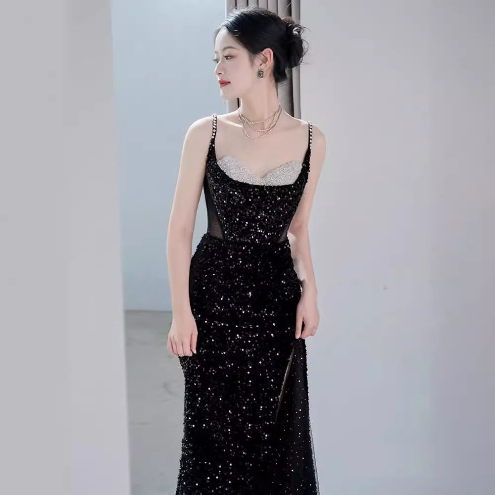 黑色晚礼服轻奢小众高端主持人女艺考法式高级感吊带长款生日年会图片