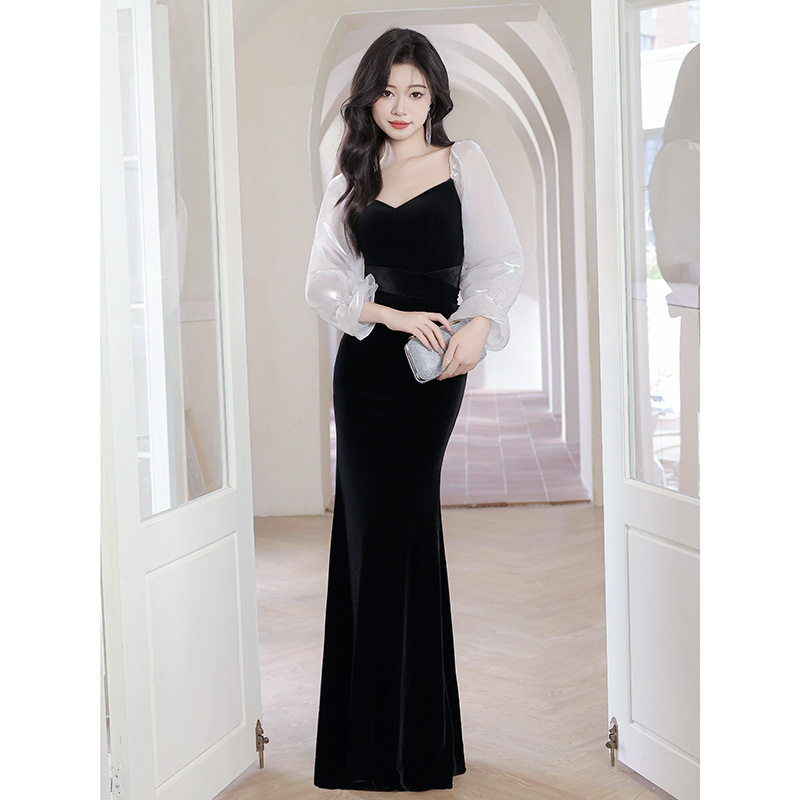 黑色法式晚礼服女2026新款轻奢小众气质长款宴会丝绒主持人鱼尾裙