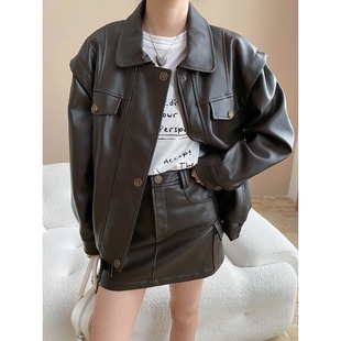 復(fù)古工裝 司南 美式 口袋PU皮夾克外套短裙套裝 早秋新款 SN7809
