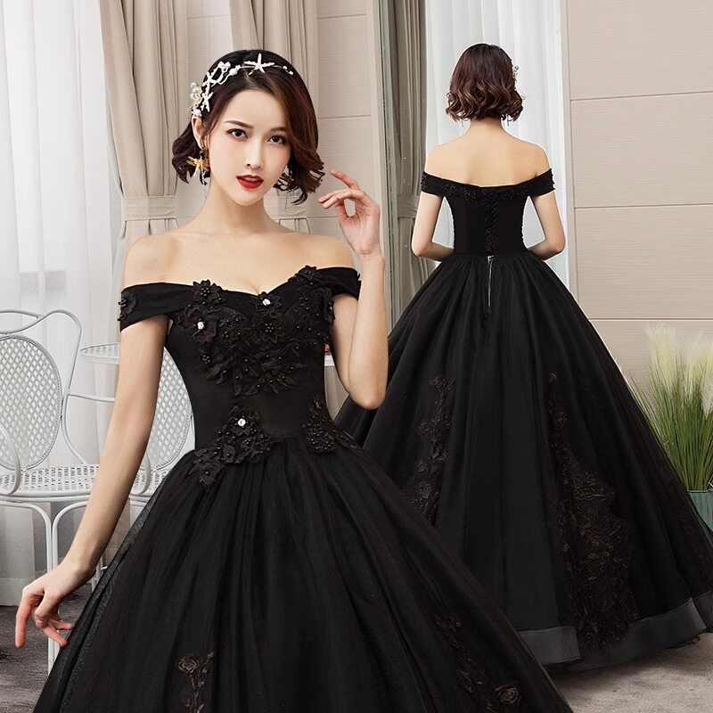 婚纱礼服黑色一字肩晚礼服独唱主持演出蓬蓬裙长款影楼主题彩纱