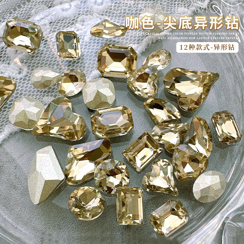 美甲尖底异形钻斧头八角歪心桃心肥方指甲玻璃水钻配饰香槟色饰品