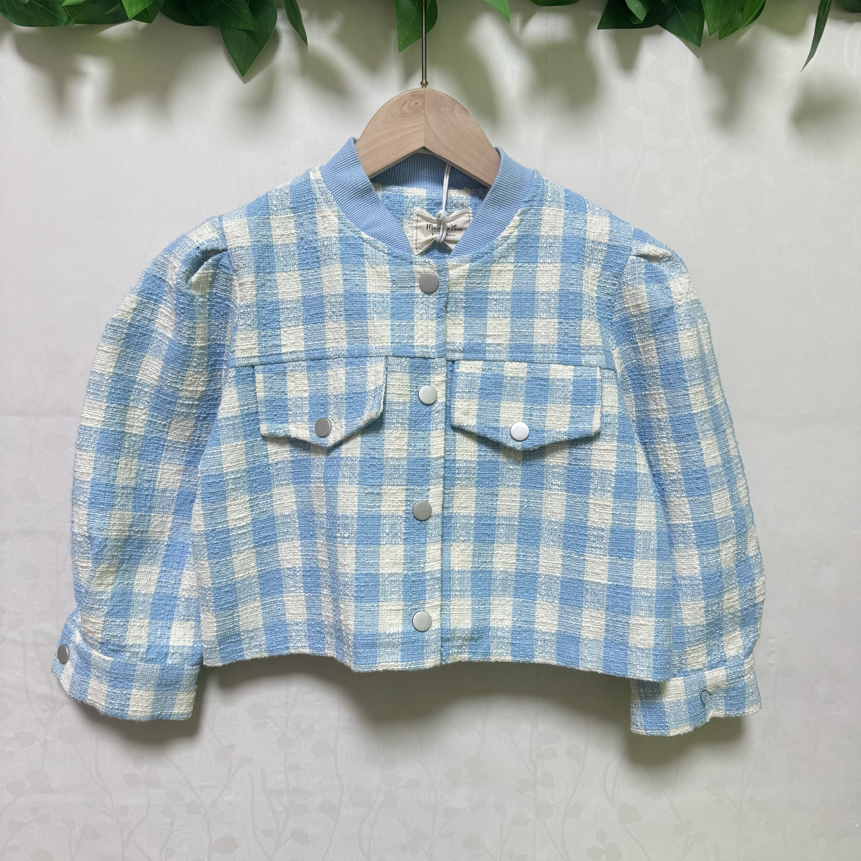 女童蓝白格棒球服夹克外套春秋泡泡肩小香风上衣洋气时尚女孩