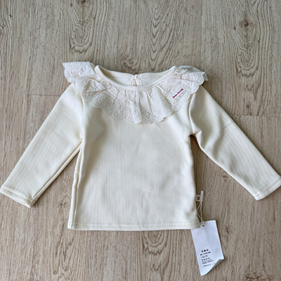 卡迪熊女童颗粒一体绒镂空蕾丝娃娃领加绒打底衫T恤纯棉A类