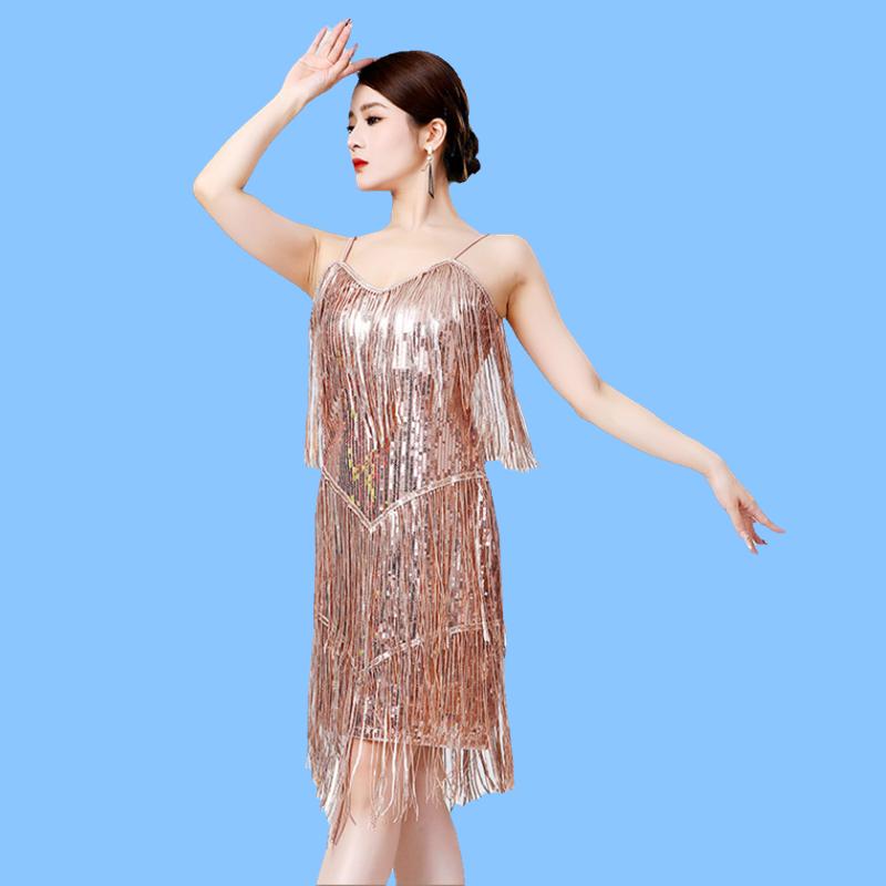 拉丁舞服女夏亮片吊带比赛演出服摩登交谊流苏成人时尚性感连衣裙