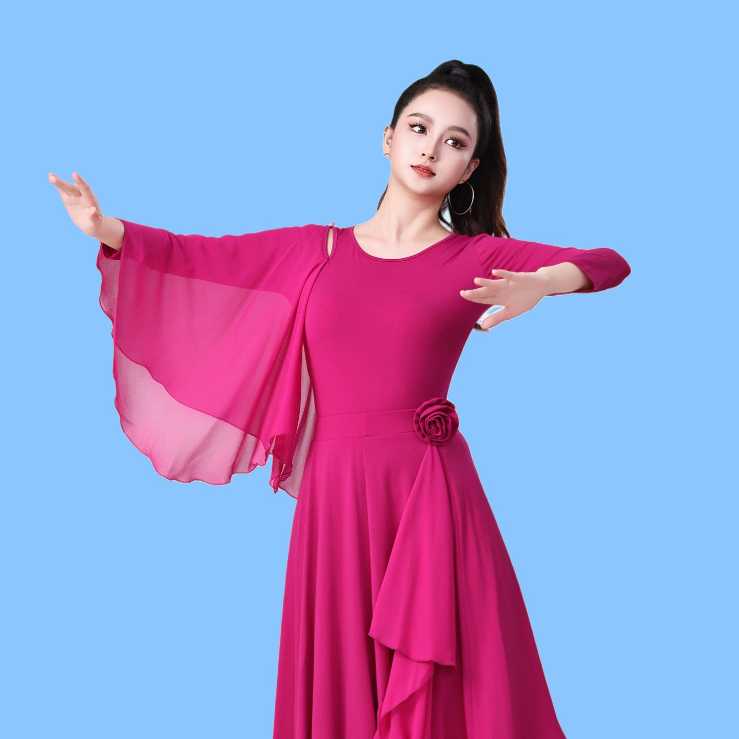 玫红连体拉丁舞上衣女四季演出服
